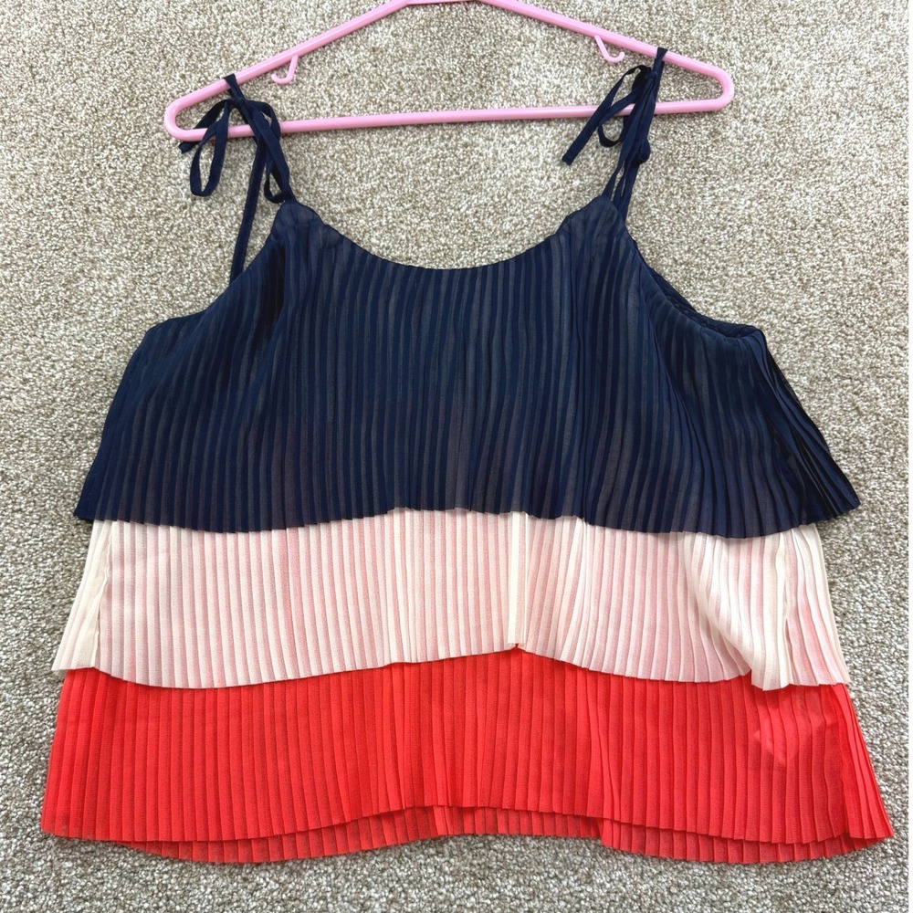 VICI Womens Small Pleated Tiered Colorblock Cami Top‎ Blue Pink Red Tie